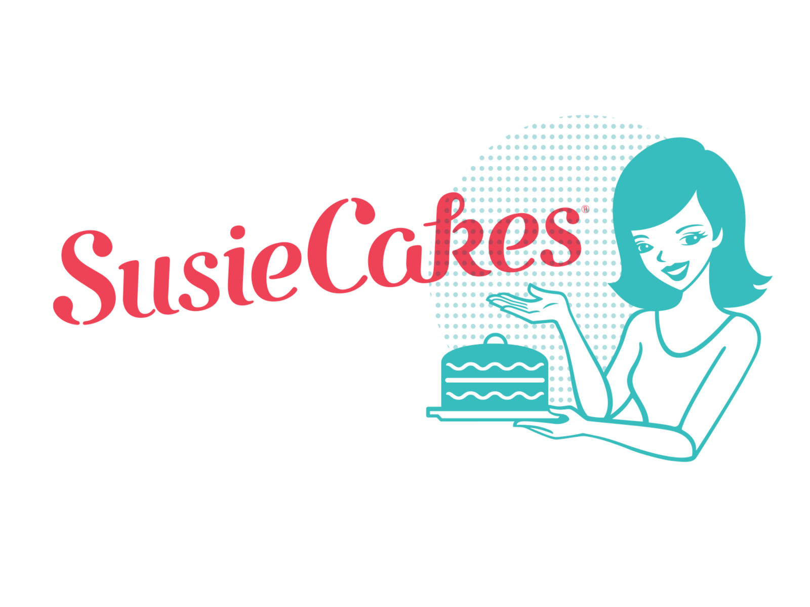 Susie Cakes A graphic of a smiling woman holding a cake.