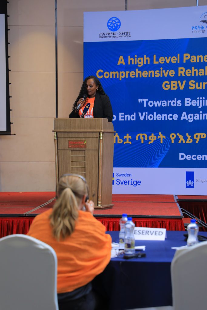 Speaker at podium during High-Level Panel Discussions on Response Mechanisms for GBV Survivors