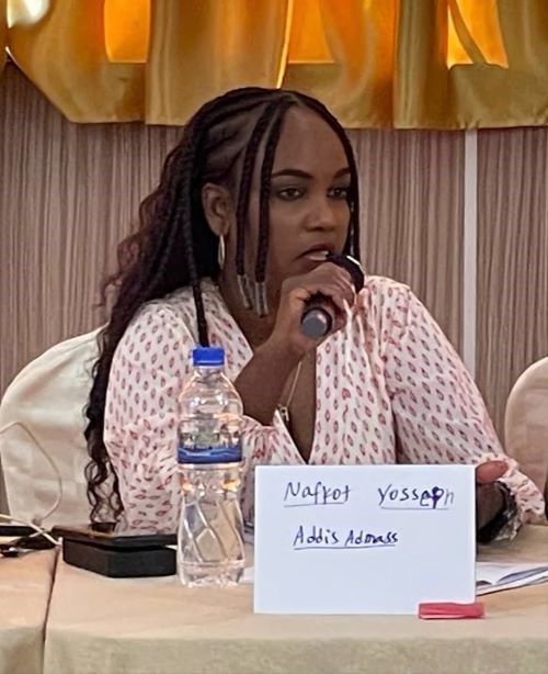 Nafkot Yosseph speaks at a media training on GBV held by EngenderHealth-Ethiopia. Photo Credit: EngenderHealth-Ethiopia.