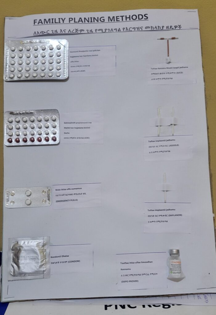 Board displaying types of available family planning methods.